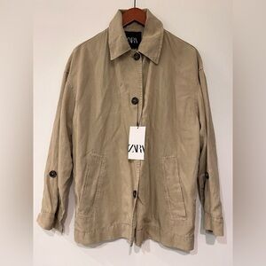 Zara Women's Linen Khaki Utility Jacket Overshirt BNWT